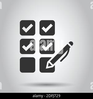 Dokumentsymbol in der Checkliste in flacher Form. Vektorgrafiken der Umfrage auf weißem isoliertem Hintergrund. Markieren Sie das Business-Konzept für die Auswahl. Stock Vektor