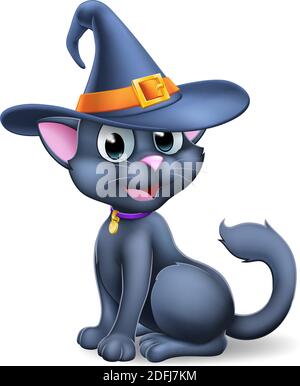 Halloween schwarze Katze im Hexenhut Cartoon Stock Vektor