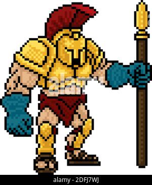 Pixel Trojan Spartan Game 8 Bit Gladiator Warrior Stock Vektor