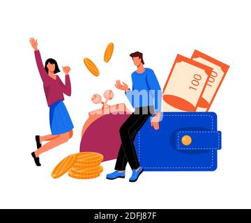 Winzige Menschen umgeben von verschiedenen Geldmünzen und Geldscheinen. Vektor-Illustration zum Thema Geldeinsparungen, immer Gewinn und Budget econo Stock Vektor