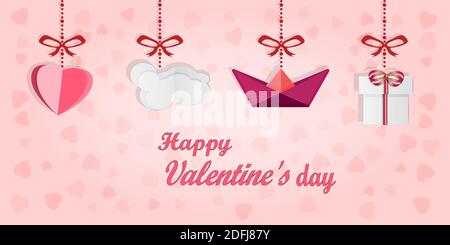 Valentines Papier Handwerk Design mit Herz, Wolke, Boot und Geschenkbox auf Die rosa Hintergrund.Hanging Valentines Elemente mit Schleifen und Band gebunden.Vektor Stock Vektor