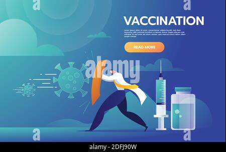Kampf Covid-19 Konzept Illustration. Arzt, der den Schutz gegen den Sturm der Viren aufsteigt und bereit ist, mit dem Impfstoff zurückzuschlagen. Vektorvorlage. Stock Vektor