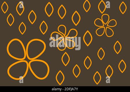 Gelb Blume Form nahtlos auf braunem Muster. Blumenmuster mit gelb und orange verschiedenen Größen Formen von Blumen auf dunkelbraunem Hintergrund. Stockfoto
