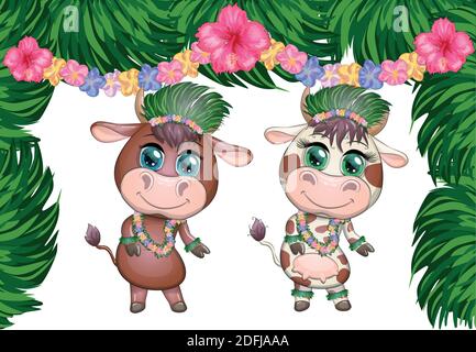 Ein Paar niedliche Cartoon-Stier und Kuh mit schönen Augen ist die Figur eines hawaiianischen Hula-Tänzerin zwischen Blättern, Blumen. Lustiger Bullen-Tanz. 2021 Jahre Stock Vektor