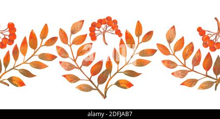 Herbstblätter, Beere. Wiederholen der Sommer horizontale Grenze. Blume Aquarell. Kompositionen für Grußkarten oder Einladungen. Aquarell Stockfoto