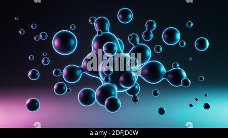 Flüssiger organischer abstrakter Hintergrund. Schwimmende flüssige Kugeln oder Kugeln mit blau und lila Licht 3D-Rendering Illustration. Stockfoto