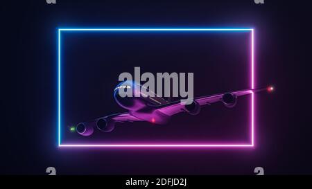 Abstraktes retro futuristisches Design mit einem Flugzeug in leuchtendem Blau und Violett rechteckigen Neon-Lichtrahmen 3D Rendering Illustration. Stockfoto