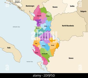 Albanien Verwaltungseinheiten (districts) der farbigen von Grafschaften Vektorkarte Mit Nachbarländern und Territorien Stock Vektor