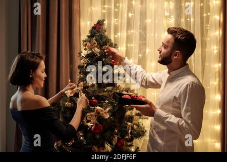 Junge Brünette Frau in eleganten schwarzen Kleid und ihren bärtigen Ehemann setzt Dekorationen auf Weihnachtsbaum während der Vorbereitung für die Feier Stockfoto