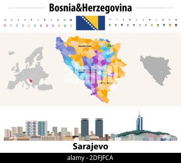 Vektor-Karte von Bosnien und Herzegowina Gemeinden. Stadtbild von Sarajevo. Flagge von Bosnien und Herzegowina Stock Vektor