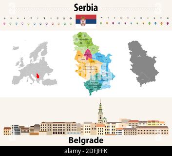 Serbien Verwaltungsdivisionen Karte. Flagge Serbiens. Stadtbild von Belgrad. Vektorgrafik Stock Vektor