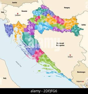 Vektor-Karte von Kroatien Gemeinden nach Grafschaften mit benachbarten gefärbt Länder und Territorien Stock Vektor