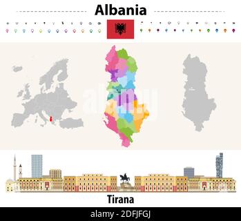 Albanien Verwaltungsdivisionen Karte. Flagge Albaniens. Stadtbild von Tirana. Vektorgrafik Stock Vektor