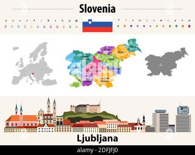 Slowenien Verwaltungsdivisionen Karte. Flagge Sloweniens. Stadtbild von Ljubljana. Vektorgrafik Stock Vektor