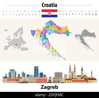 Kroatien Kolorierte Landkarte aus Grafschaften und Gemeinden. Flagge Kroatiens. Stadtbild Zagreb. Vektorgrafik Stock Vektor