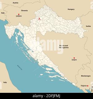 Vektor-Karte der Gemeinden von Kroatien farbig nach Grafschaften mit Nachbarländer und -Gebiete Stock Vektor