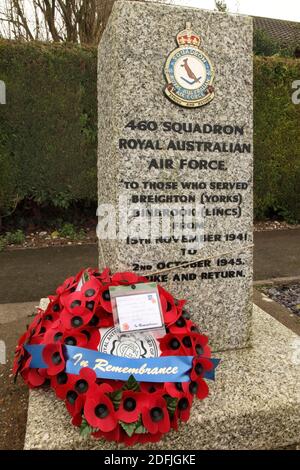 Memorial to 460 Squadron of the Royal Australian Air Force in Binbrook, UK, die Basis für diese Lancaster Bomber Squadron für den größten Teil des Zweiten Weltkriegs. Stockfoto