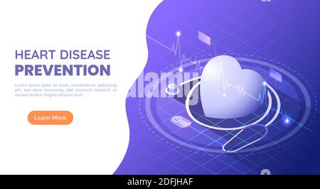 3d Isometrisches Webbanner Herz mit Stethoskop und EKG Heartbeat auf blauem und violettem Gradientenhintergrund. Prävention von Herzerkrankungen oder Kardiologie und He Stock Vektor