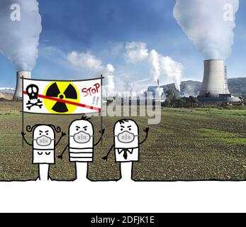 Handgezeichneter Cartoon Protestierende gegen Atomkraftwerke - Collage Stockfoto