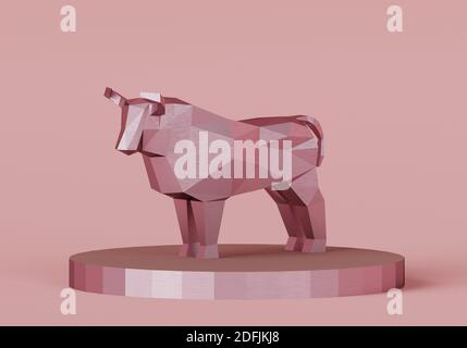 Low poly polygonal Metallic Pink Bull auf einem zylindrischen Ständer, ein Symbol des neuen Jahres 2021, 3d-Render Stockfoto