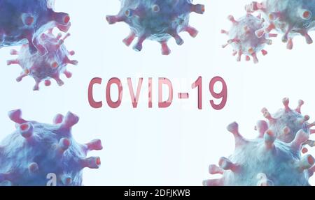 Gruppe von realistischen Coronavirus mit Text COVID-19 Hintergrund, 3D-Render Stockfoto