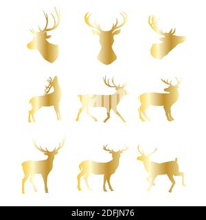 Sammlung von Gold Weihnachten Hirsch Silhouetten isoliert auf dem weißen Hintergrund. Goldene Weihnachten Rentiere. Vektorgrafik. Stock Vektor