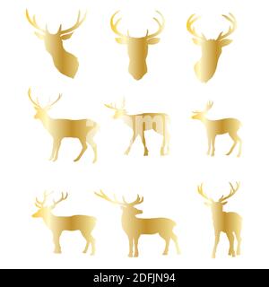 Sammlung von Gold Weihnachten Hirsch Silhouetten isoliert auf dem weißen Hintergrund. Goldene Weihnachten Rentiere. Vektorgrafik. Stock Vektor