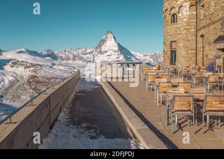 Blick auf das Matterhorn vom Gornergrat, südöstlich der Bergstation Zermatt, im Kanton Wallis, Schweiz. Stockfoto