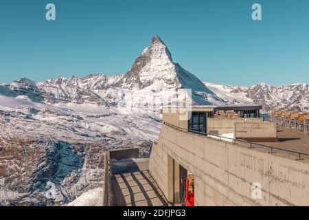 Blick auf das Matterhorn vom Gornergrat, südöstlich der Bergstation Zermatt, im Kanton Wallis, Schweiz. Stockfoto