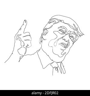 Zeichnung Karikatur von Donald Trump, ernstes Gesicht, Zeigefinger nach oben, kontinuierliche Linie minimalistische Zeichnung. vektor-Illustration. Stock Vektor
