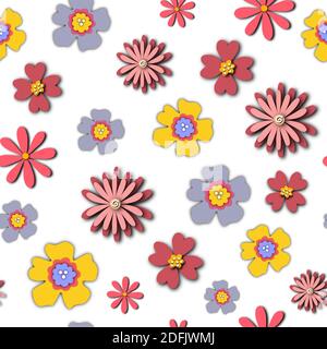 Papier Blumen nahtlose Muster. Wiederholende Hintergrund mit Papier geschnitten florals 3D-Stil. Hintergrund für Sommer, Frühling, Ostern, Stoff, Verpackung Stockfoto