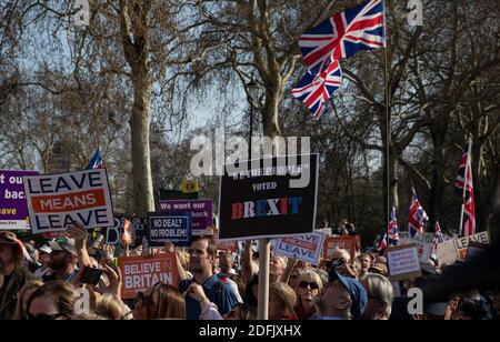 London, Großbritannien. März 2019. Das am 29. März 2019 aufgenommene Foto zeigt Demonstranten, die vor dem britischen Parlamentsgebäude in London protestieren. Nach einer Woche intensiver Handelsverhandlungen in London einigten sich die Verhandlungsführer aus Großbritannien und der Europäischen Union (EU) am Freitag darauf, "die Gespräche zu unterbrechen", da "erhebliche Meinungsverschiedenheiten" bestehen. Quelle: Han Yan/Xinhua/Alamy Live News Stockfoto