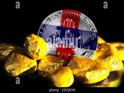 Bitcoin ist mit der Flagge der Niederländischen Antillen, vor dem Hintergrund von Golderz markiert Stockfoto