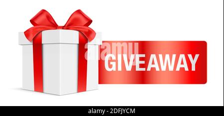 Weiße Geschenkbox, mit Give Away Text auf dem roten Anhänger. Vektor-Symbol für Giveaway-Wettbewerb. Stock Vektor