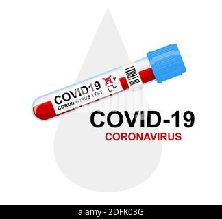 Coronavirus-Infektion COVID-19. Globale Warnung vor der Coronavirus-Pandemie. Reagenzglas mit positivem Test und Coronavirus-Symbol. Stock Vektor