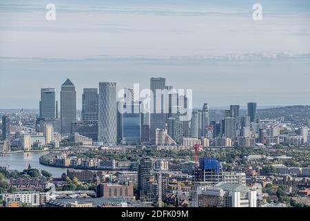 Blick auf die Skyline von London mit Blick auf Canary Wharf Stockfoto