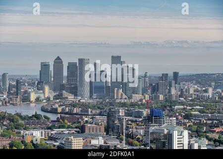 Blick auf die Skyline von London mit Blick auf Canary Wharf Stockfoto