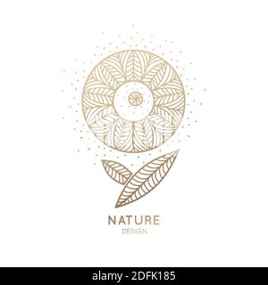 Das Logo von floralen Element. Abstrakte runde Blume mit Blütenblättern. Lineares Emblem für die Gestaltung von Naturprodukten, Blumengeschäft, Kosmetik und Ökologie Stockfoto