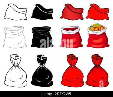 Weihnachtsmann Sack Set. Sammlung von santa claus Tasche. Leer und gefesselt. Rot, Umriss und Silhouette. Vector Present Paket auf weißem Hintergrund isoliert. Ch Stock Vektor