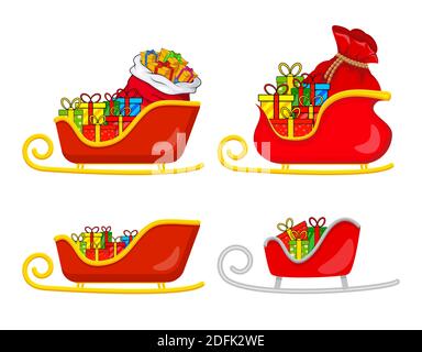 Santa Schlitten voller Geschenke Set. Schlitten mit Geschenken des weihnachtsmannes. Weihnachtliche Illustration isoliert auf weißem Hintergrund. Vektor claus Schlitten Symbol fo Stock Vektor