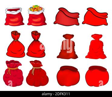 Santa Tasche Set. Roter Sack der santa claus Kollektion. Leer und gefesselt. Vector Present Paket auf weißem Hintergrund isoliert. Weihnachts-Geschenkverpackung. X Stock Vektor