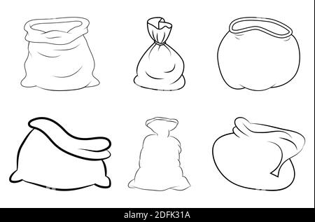 Santa Sack Umriss Set. Konturform der weihnachtsmann Tasche. Vektorsymbol, Symbol, Design. Leer und voll. Offen und geschlossen. Linie Kunst Weihnachten Zeichnung sammeln Stock Vektor