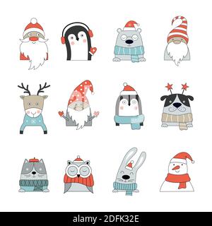 Set von handgezeichneten Tieren in Winterkostümen isoliert auf weißem Hintergrund. Handgezeichnete Tiere genießen einen Weihnachtsurlaub. Vektorgrafik für de Stock Vektor