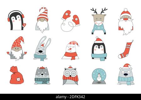 Set von handgezeichneten Ikonen mit Tieren in Winterkostümen und Weihnachtsdekorationen auf weißem Hintergrund. Vektor-Illustration für die Dekoration Weihnachten Stock Vektor