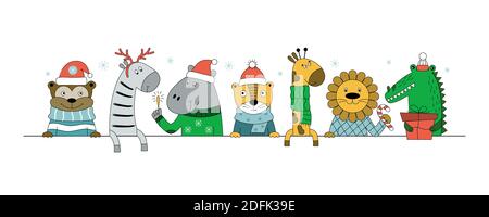 Wilde Tiere mit Geschenk, Süßigkeiten und Wunderkerzen. Weihnachtsposter mit Zebra, Affe, Giraffe, Krokodil, Tiger, Löwe, Nilpferd. Kann für Web-Design verwendet werden, Stock Vektor