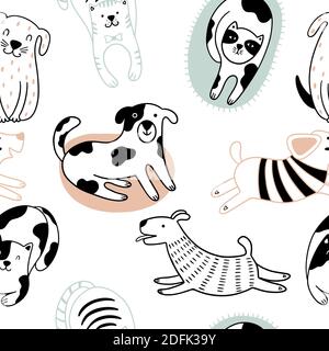 Niedliche Katzen und lustige Hunde skandinavischen nahtlose Muster. Kindlicher Hintergrund mit Haustieren. Kann für Tapeten, Verpackungen, Textilien verwendet werden. Stock Vektor