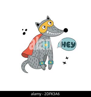 Wolf in lustigen Comic-Kostümen. Vektor handgezeichnete Illustration mit einem wilden Tier auf weißem Hintergrund. Kann verwendet werden, um Karte, Kindergarten, Poster Stock Vektor