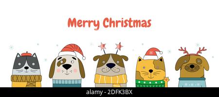 Frohe Weihnachten Vektor-Illustration mit Katzen und Hunden. Weihnachtsbanner für Haustiergeschäft Website. Stock Vektor