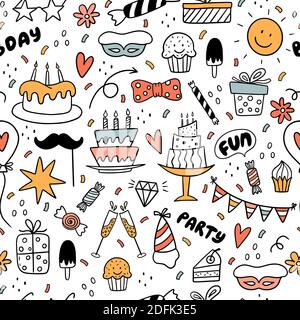 Nahtloses Muster mit bunten Kritzeleien mit Sonne, Kuchen, Eis, Süßigkeiten, Pfeilen, Blumen.Es kann für Tapeten, Verpackungen und Textilien verwendet werden. Stock Vektor
