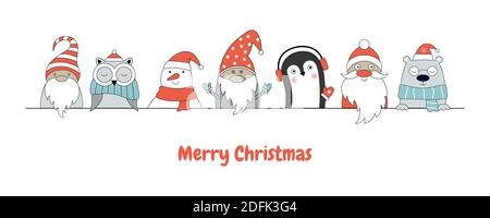 Weihnachtsposter mit Schneemann, Pinguin, Eisbär, Gnom, Weihnachtsmann. Vektor-handgezeichnete Illustration im skandinavischen Stil. Kann für Web verwendet werden Stock Vektor
